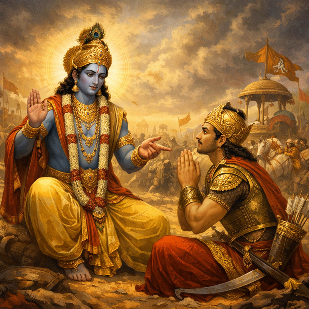 Krishna guiding Arjuna