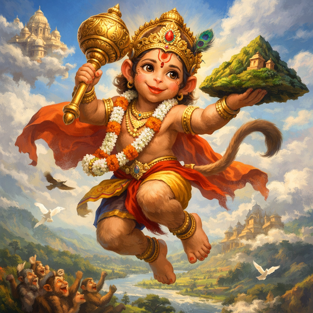 Child Hanuman holding a mango