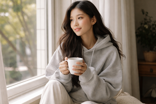 Woman in hoodie sitting by the window