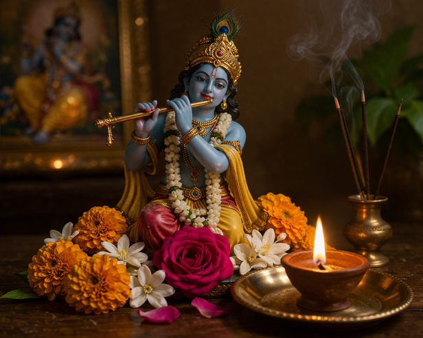 Krishna idol with diya and flowers