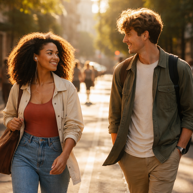 Two People Crossing Paths in Sunlight