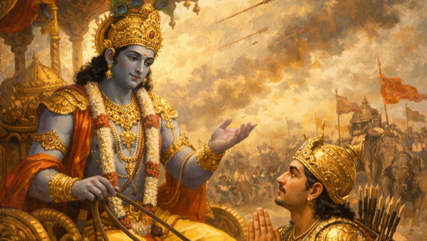 Lord Krishna Advising Arjuna (Image Credit: AI)