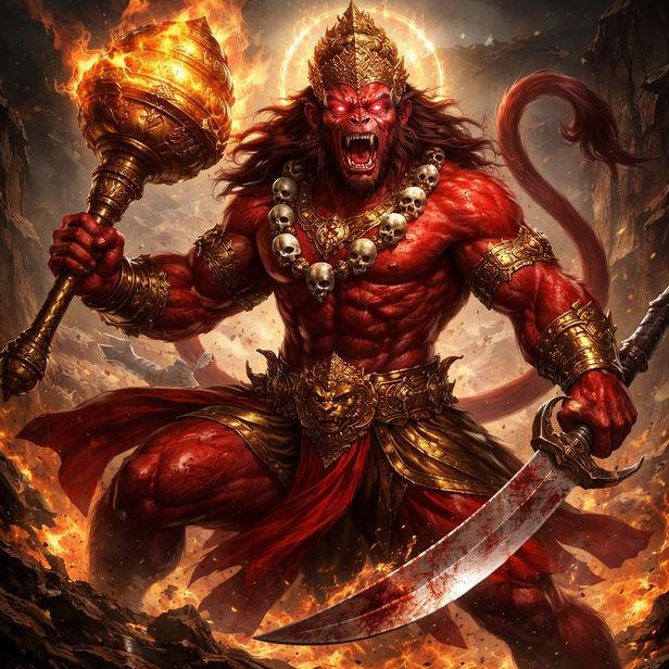 Fierce Red Hanuman with Weapons