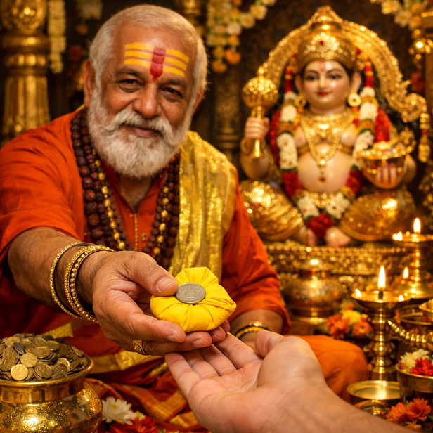 Priest Giving Coin Wrapped in Yellow Clothts