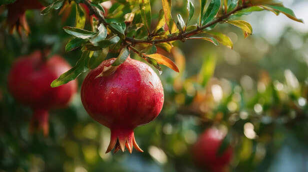 Ripe pomegranates hanging from a tree branch