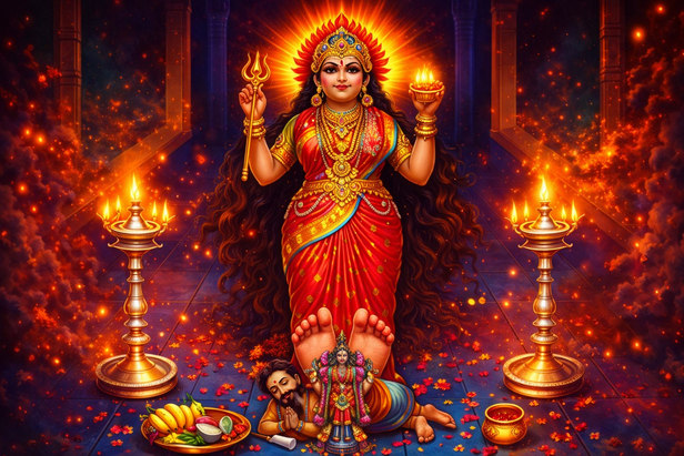 Goddess with offerings in temple lighting