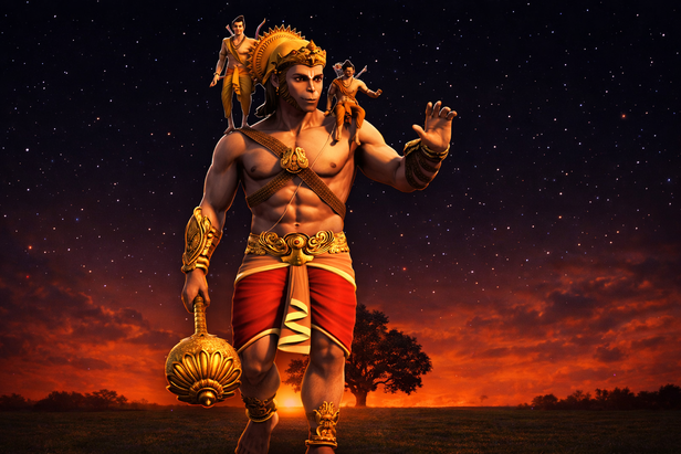 Hanuman with Rama and Lakshmana at dusk