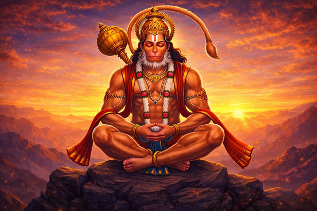 Hanuman in meditative tranquility at sunset