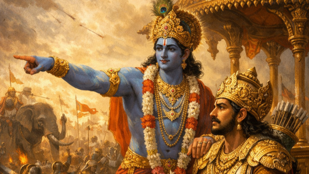 Krishna Guiding Arjuna (Image Credit: AI)
