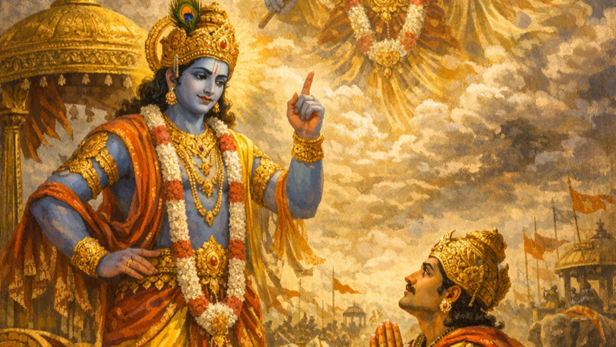 Arjuna Devotion to Lord Krishna (Image Credit: AI)