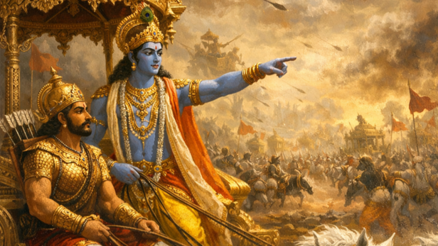 Krishna Guiding Arjuna (Image Credit: AI)