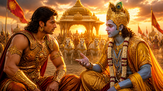 Karna and Krishna in deep conversation