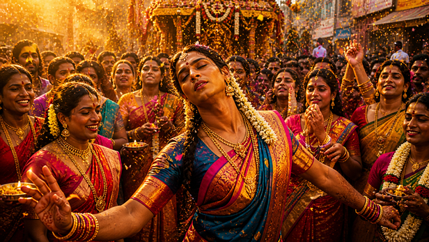 Transgender brides in colorful saris at Koovagam