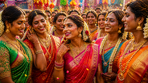 Transgender brides in colorful saris at Koovagam