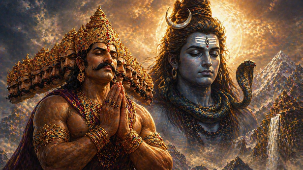 Ravana Praying to Lord Shiva (Image Credit: AI)