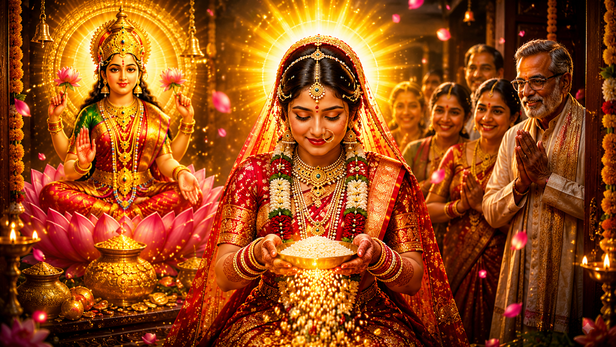 Bride Entering New Home with Rice Kalash