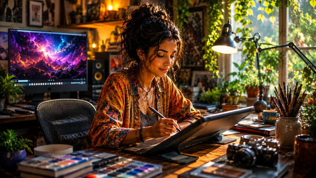 Creative professional working peacefully in home studio
