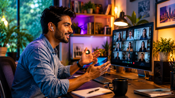 Young man attending virtual meeting from modern workspace