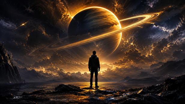 Person standing alone under dark Saturn sky