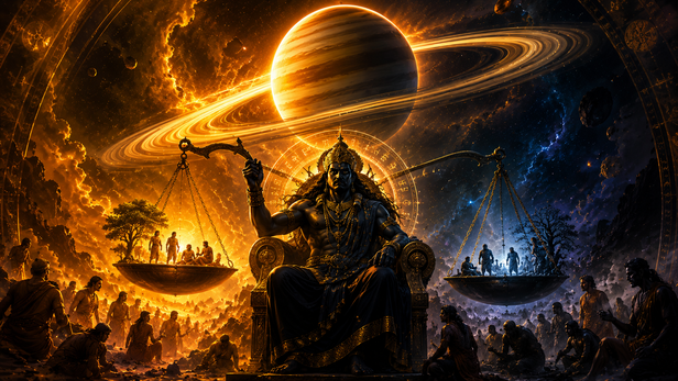 Saturn symbol with karmic balance imagery