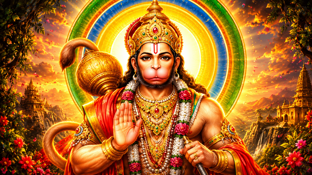 Bhima struggling to lift Hanuman Ji’s tail