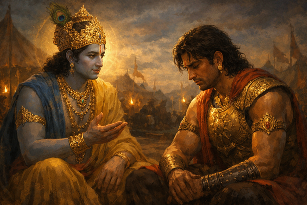 Lord Krishna Talking to Karna (Image Credit: AI)