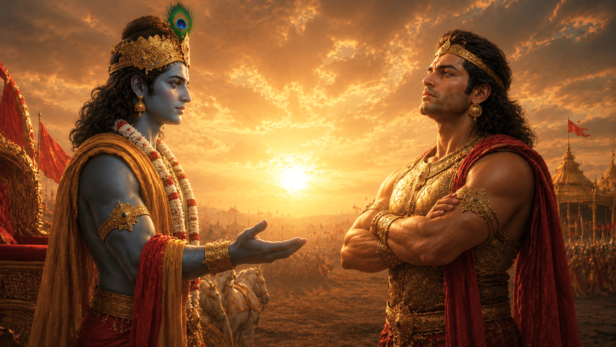 Lord Krishna Offering the Throne to Karna (Image Credit: AI)