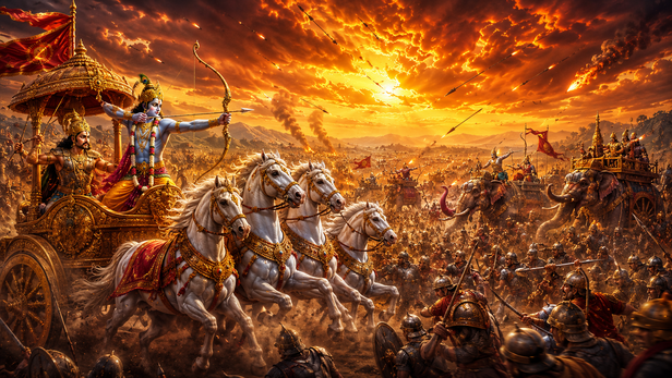 Arjuna listening carefully to Lord Krishna