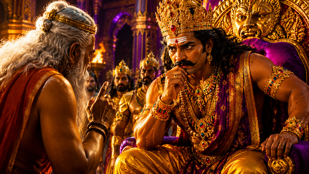 Ravana listening fearfully to a prophecy