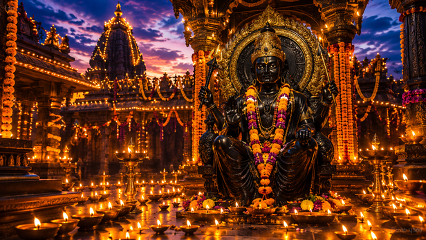 Shani Dev temple decorated with oil lamp