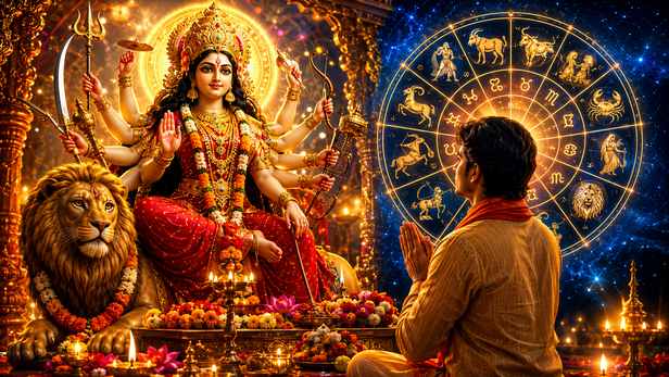Devotee praying before Maa Durga idol with zodiac symbols