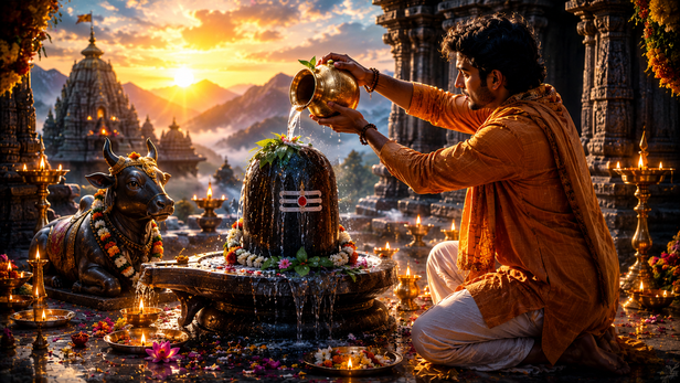 Devotee offering water on Shivling during morning prayer