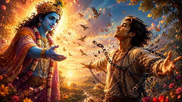 Krishna giving spiritual wisdom on a battlefield