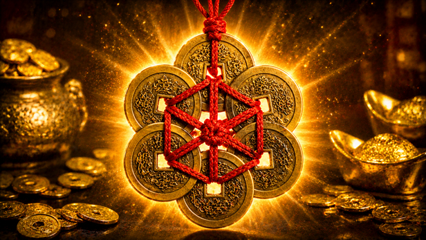 Six Coins Tied With Red Thread