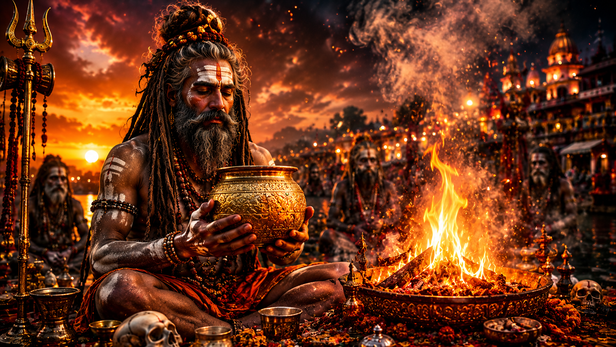 Naga Sadhu Holding Brahma Patra Near Sacred Fire