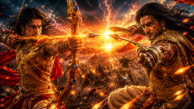 Arjun And Karna Facing Each Other In Battle
