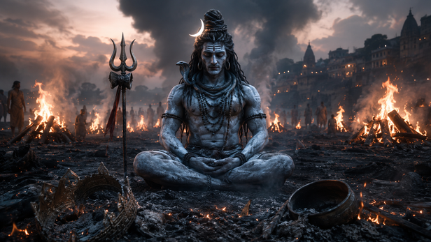 Shiva in the Cremation Ground: Where Silence Becomes Truth  Image Caption: Amid burning pyres and drifting ash, Lord Shiva sits in calm meditation, showing that true divinity exists beyond luxury, in the acceptance of life, death, and everything in between.
