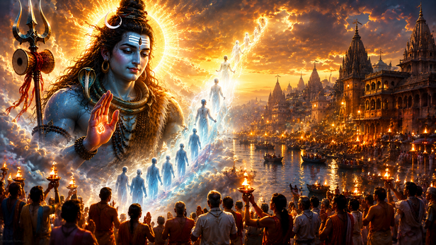 Ancient ghats of Kashi glowing during evening aarti