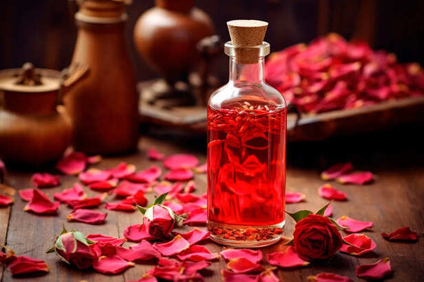 Pure rose water bottle beside fresh rose petals