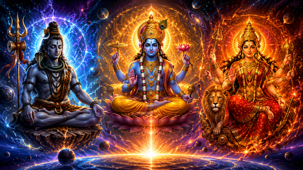 Shiva, Vishnu, and Adi Shakti in Cosmic Form