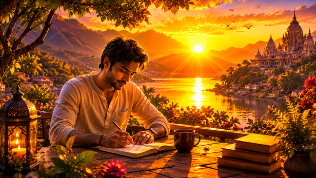 Person Writing in a Journal at Sunrise