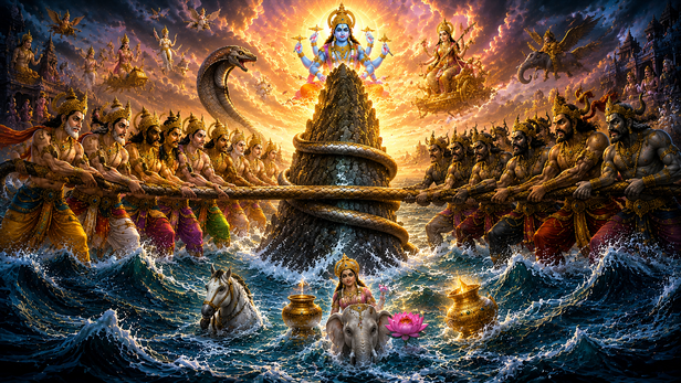 Devas and Asuras Churning the Cosmic Ocean