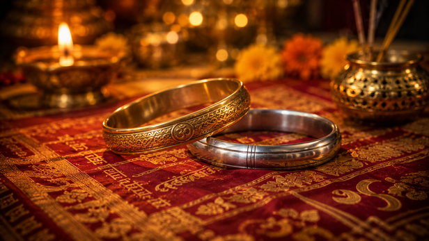 Sacred Brass and Steel Kada on Prayer Cloth