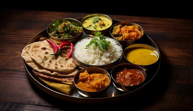 typical Indian thali with rice, roti, dal,