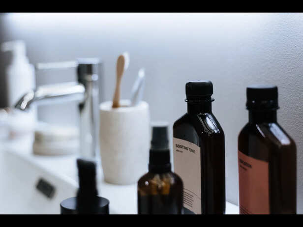 Hair Products Collected Near Bathroom Sink