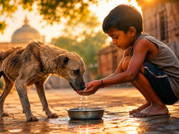 kid feeding a dog