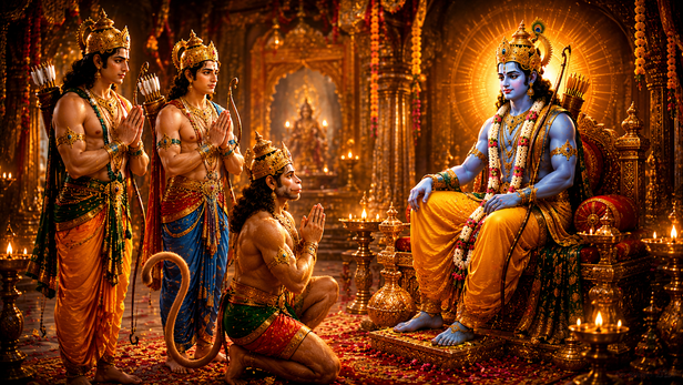 Lakshman, Bharat and Hanuman Standing Before Lord Rama