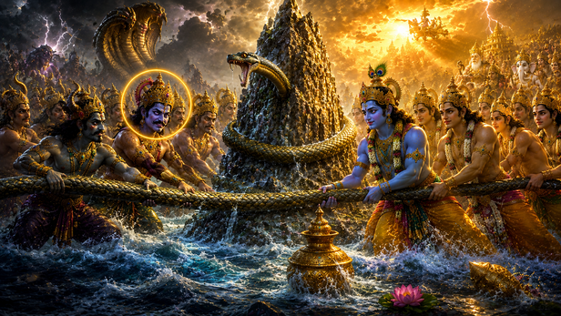 Rahu Disguised Among the Gods During Samudra Manthan