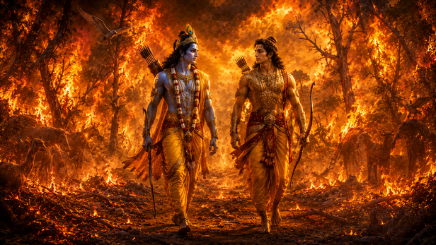 Krishna and Arjuna Walking Through the Khandava Forest