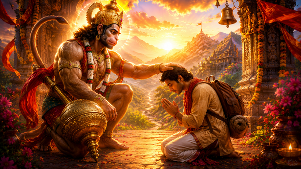 Hanuman Ji Blessing a Devotee Before the Spiritual Journey